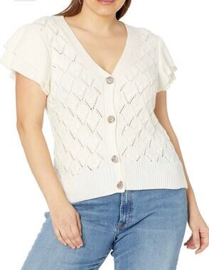 The Drop Women's Emma Ruffle Shoulder Sleeve Cardigan Sweater Sweater lg ivory